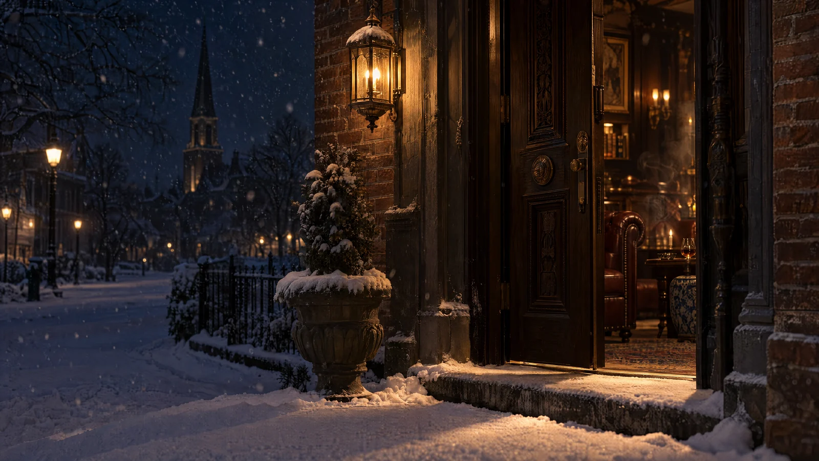 A heavy carved door stands ajar on a snowy winter night, warm lantern light spilling across the step.