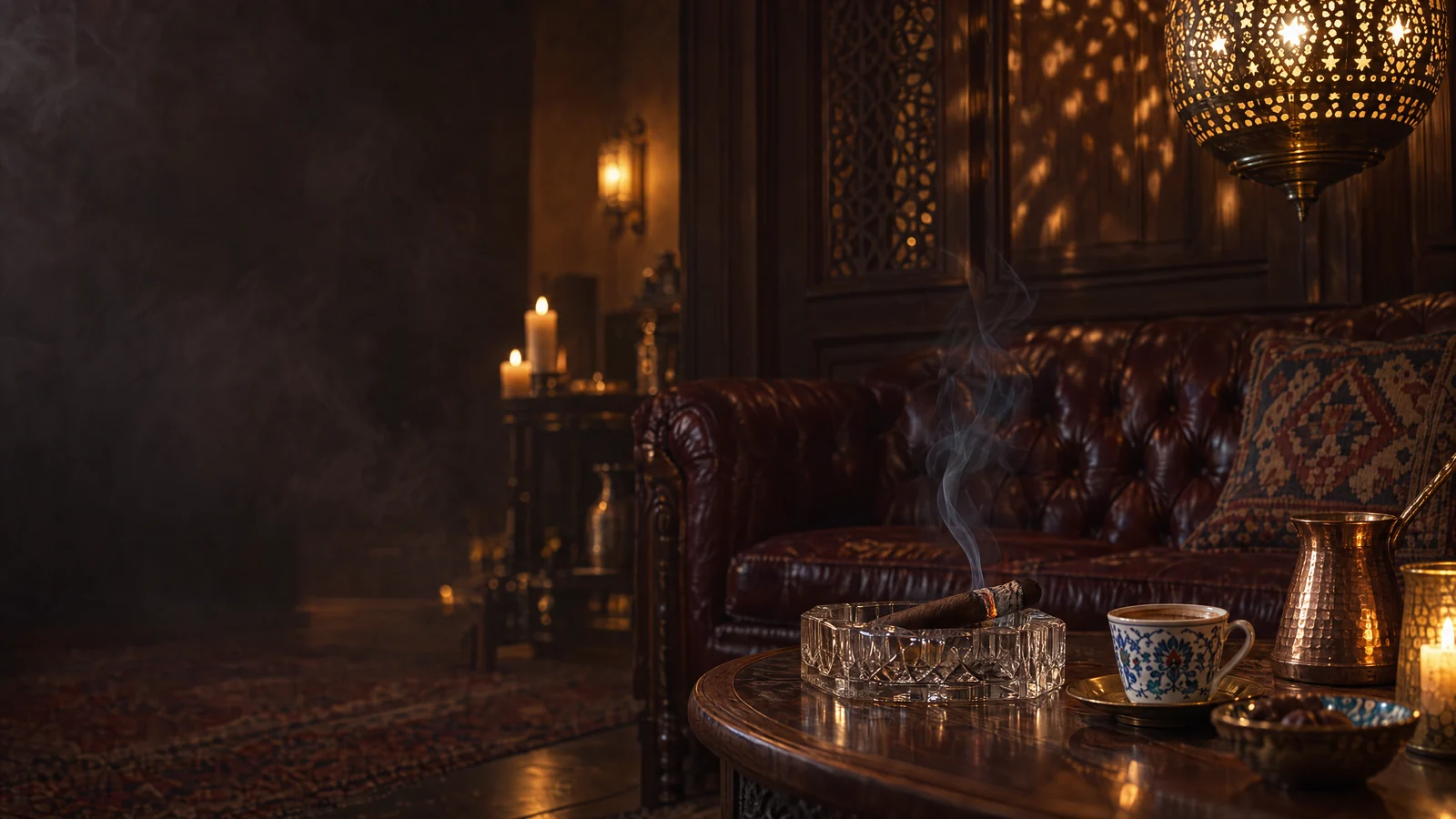 A lantern-lit salon at night: an oxblood leather divan, a cigar resting in a crystal ashtray beside a cup of Turkish coffee, smoke curling through the light.