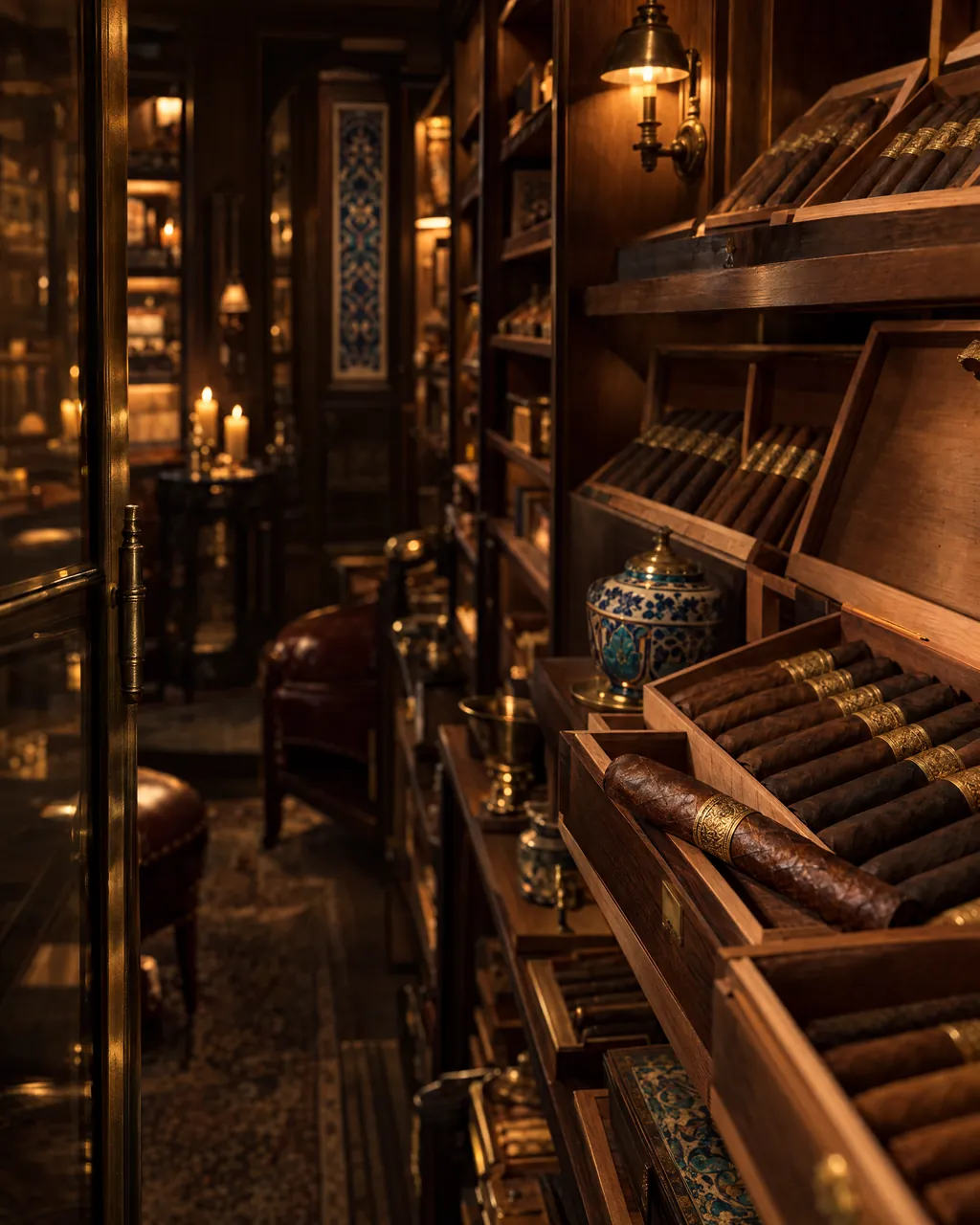 Inside a walk-in cedar humidor: open boxes of hand-rolled cigars on warm shelves under a brass sconce.
