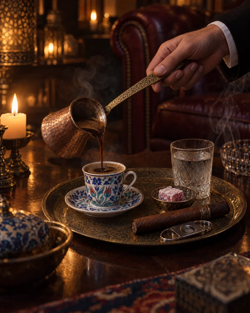 Turkish coffee poured from a copper cezve into an İznik cup, beside a cut cigar, a cube of lokum and a glass of water on a brass tray.