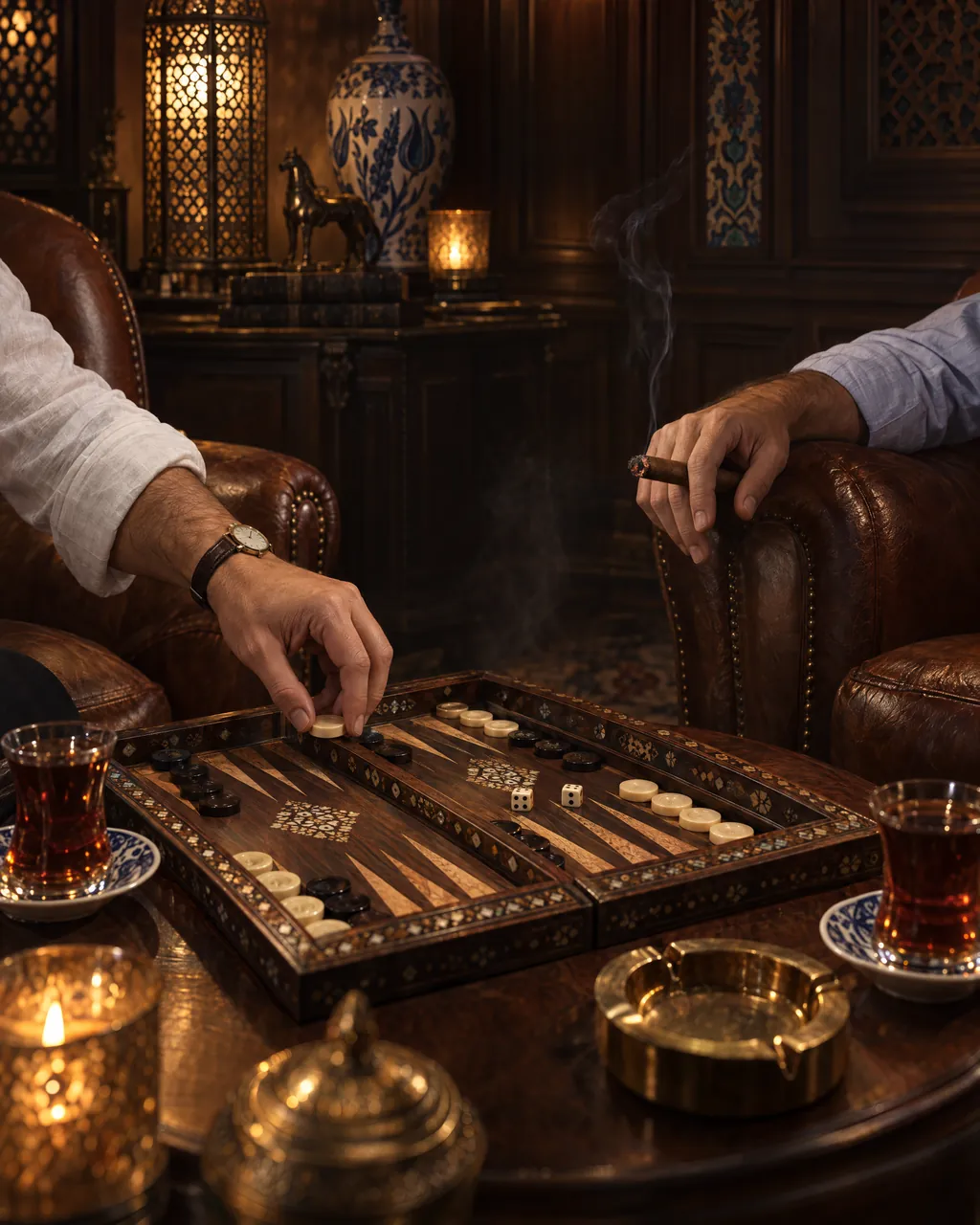 Two friends in leather club chairs mid-game at an inlaid tavla board, tulip glasses of Turkish tea between them, one holding a cigar.